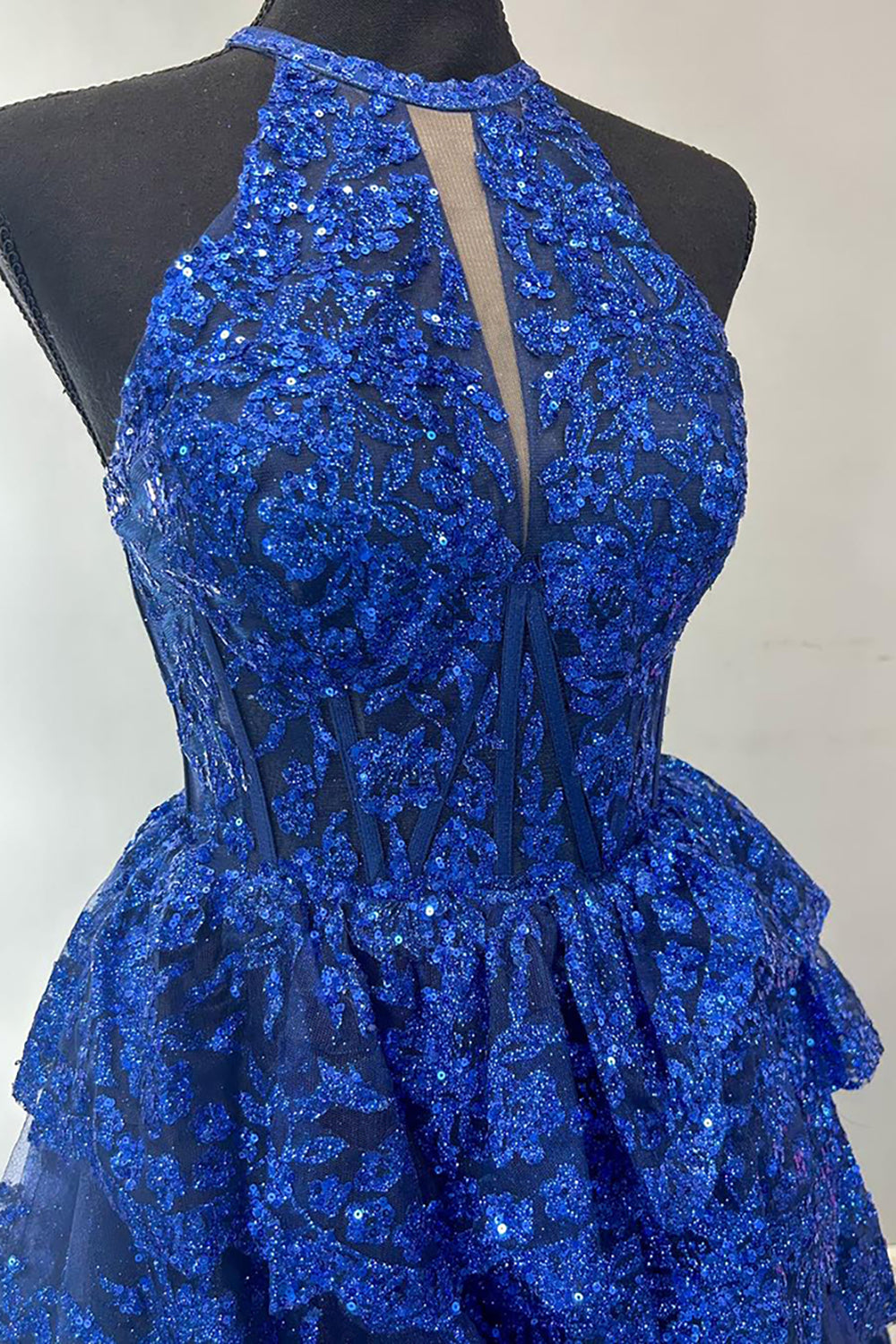 Long A-Line Royal Blue Sequined Prom Dress with Halter Neck Tiered Skirt and Slit