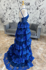 Long A-Line Royal Blue Sequined Prom Dress with Halter Neck Tiered Skirt and Slit