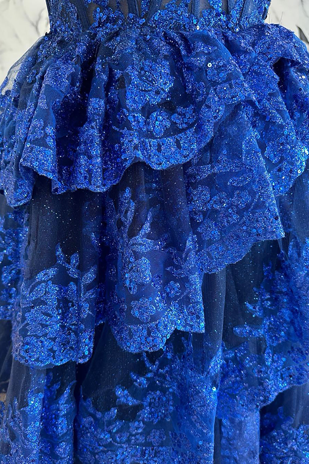 Long A-Line Royal Blue Sequined Prom Dress with Halter Neck Tiered Skirt and Slit