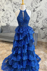 Long A-Line Royal Blue Sequined Prom Dress with Halter Neck Tiered Skirt and Slit