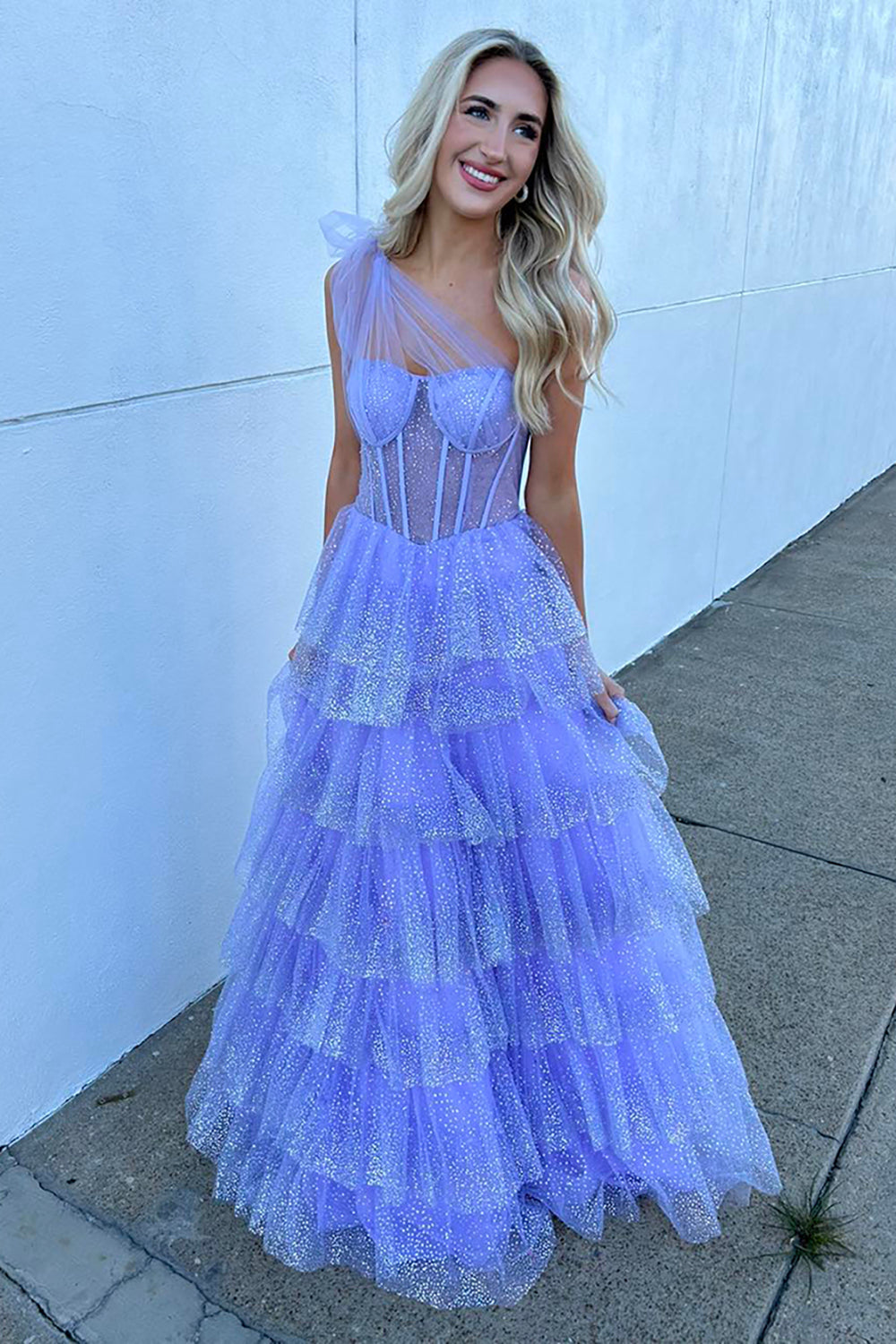 One Shoulder Lavender Corset Prom Dress with Tiered Tulle and A-Line Silhouette