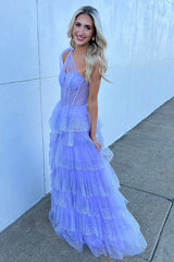 One Shoulder Lavender Corset Prom Dress with Tiered Tulle and A-Line Silhouette