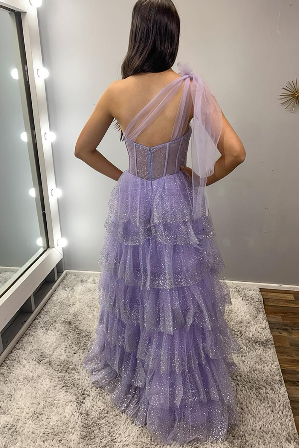 One Shoulder Lavender Corset Prom Dress with Tiered Tulle and A-Line Silhouette