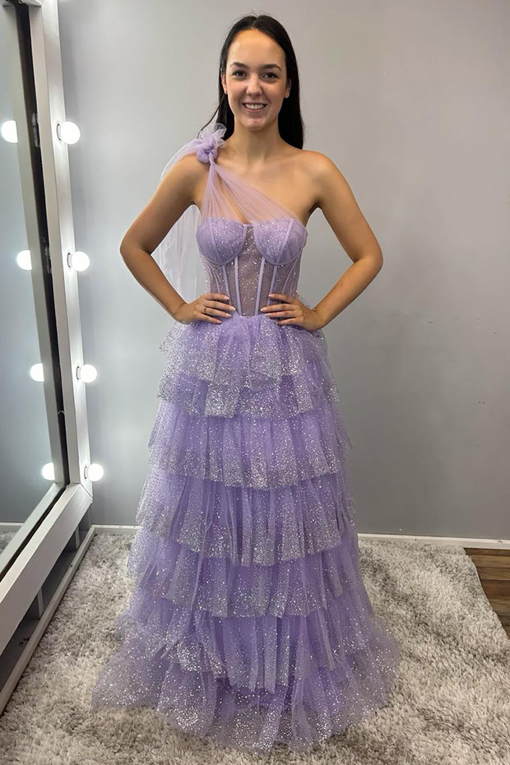 One Shoulder Lavender Corset Prom Dress with Tiered Tulle and A-Line Silhouette