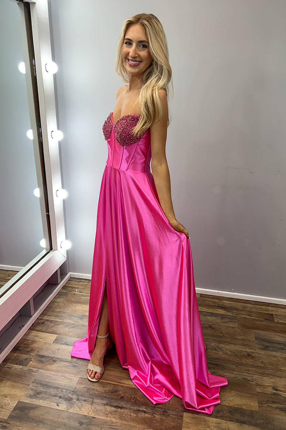 Long A-Line Corset Prom Dress in Fuchsia Satin with Sweetheart Neckline and Beading
