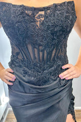 Long Strapless Black Mermaid Prom Dress in Satin with Applique and Slit