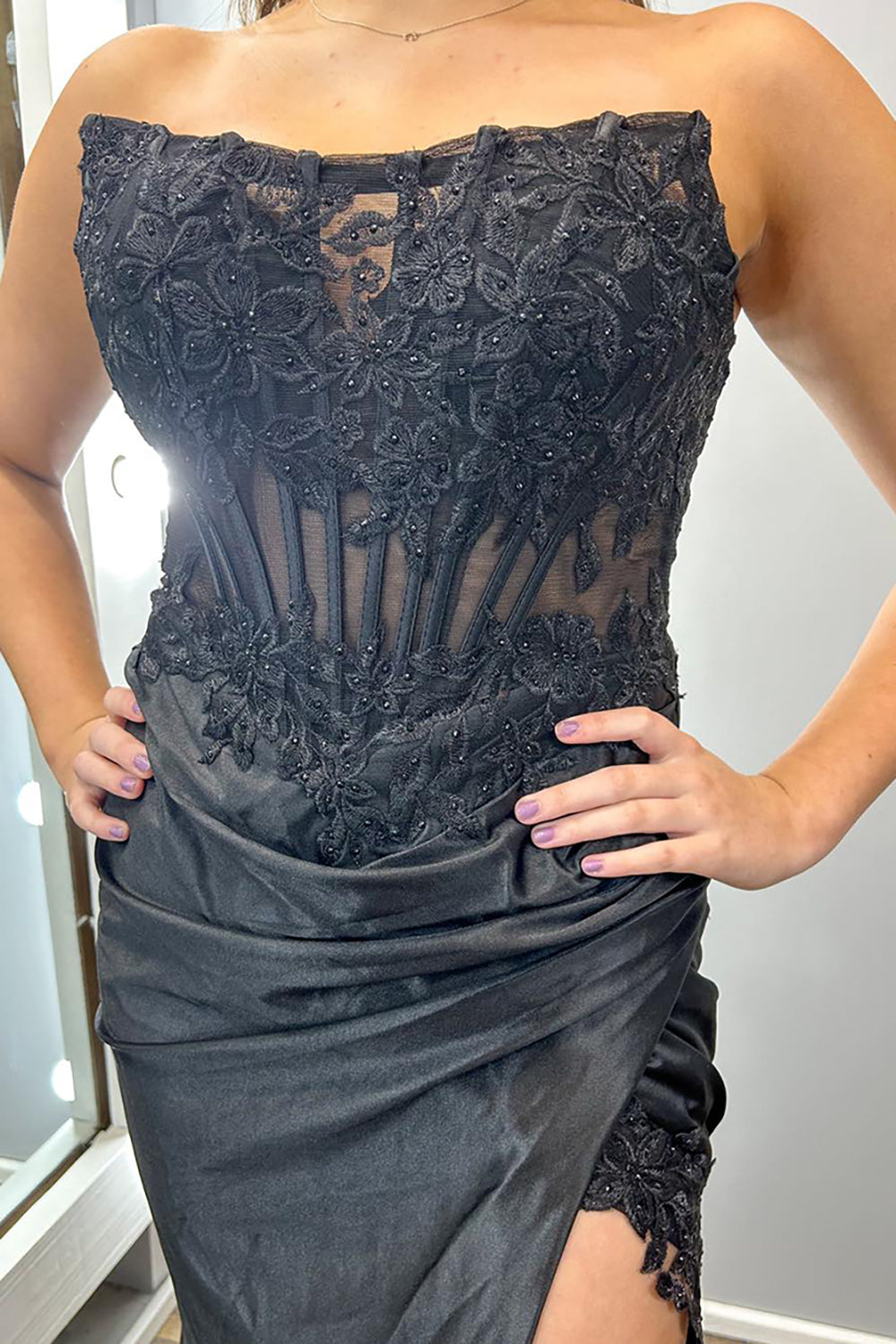 Long Strapless Black Mermaid Prom Dress in Satin with Applique and Slit