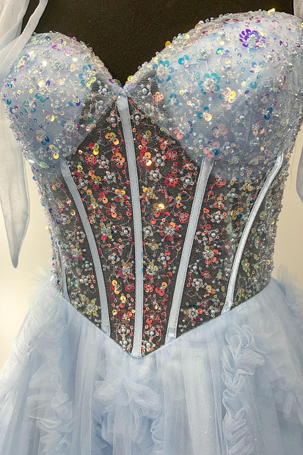 Long Corset Prom Dress with Light Blue Tulle and Sequins Featuring Spaghetti Straps