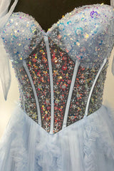 Long Corset Prom Dress with Light Blue Tulle and Sequins Featuring Spaghetti Straps