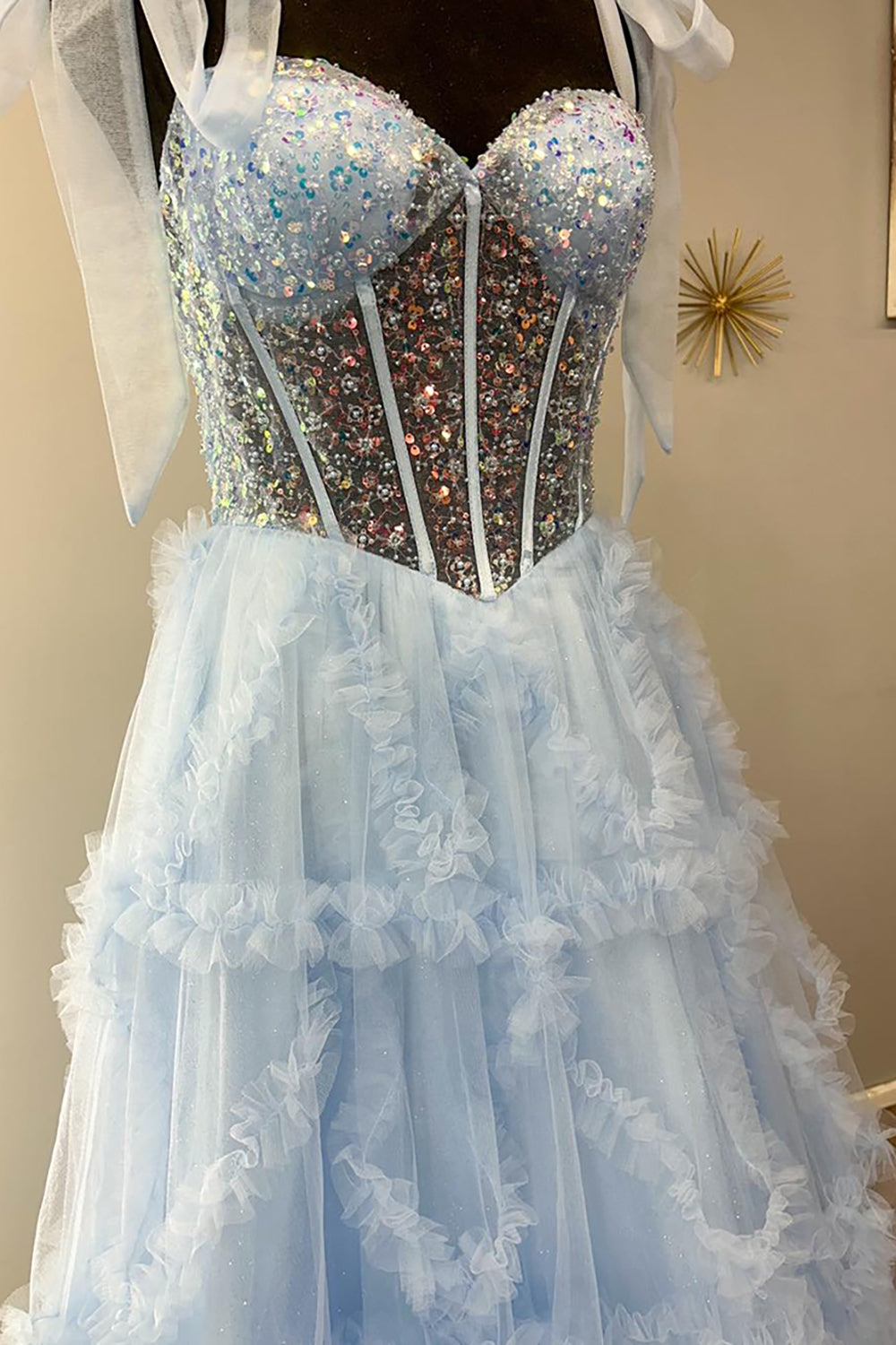 Long Corset Prom Dress with Light Blue Tulle and Sequins Featuring Spaghetti Straps