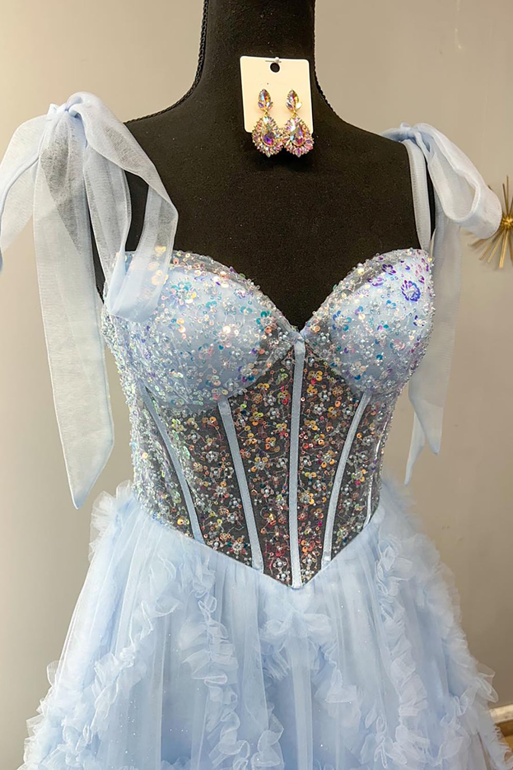 Long Corset Prom Dress with Light Blue Tulle and Sequins Featuring Spaghetti Straps