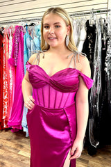 Long Fuchsia Satin Off-The-Shoulder Corset Prom Dress Featuring a Slit