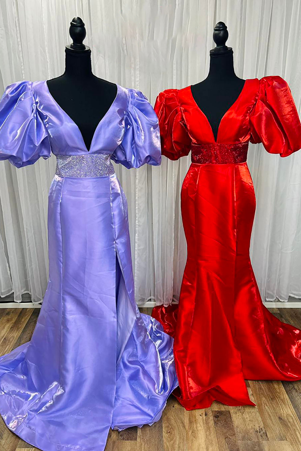 Long Red Prom Dress with V Neck Mermaid Cut Puff Sleeves and Slit