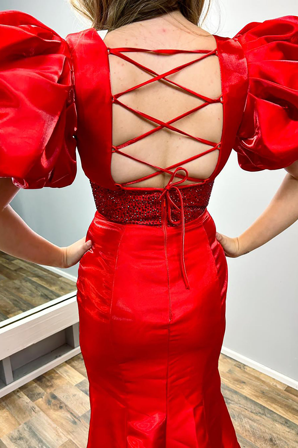 Long Red Prom Dress with V Neck Mermaid Cut Puff Sleeves and Slit