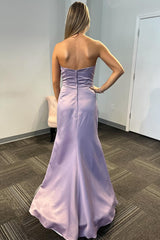 Long Strapless Prom Dress in Elegant Lilac Satin with Mermaid Cut and Slit