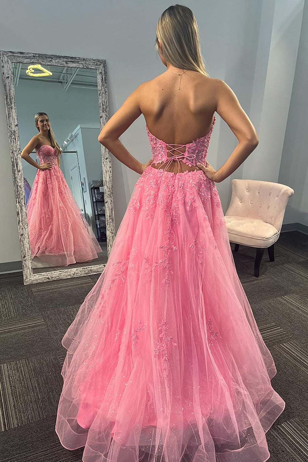 Long Corset Prom Dress with Pink Sweetheart Princess Applique