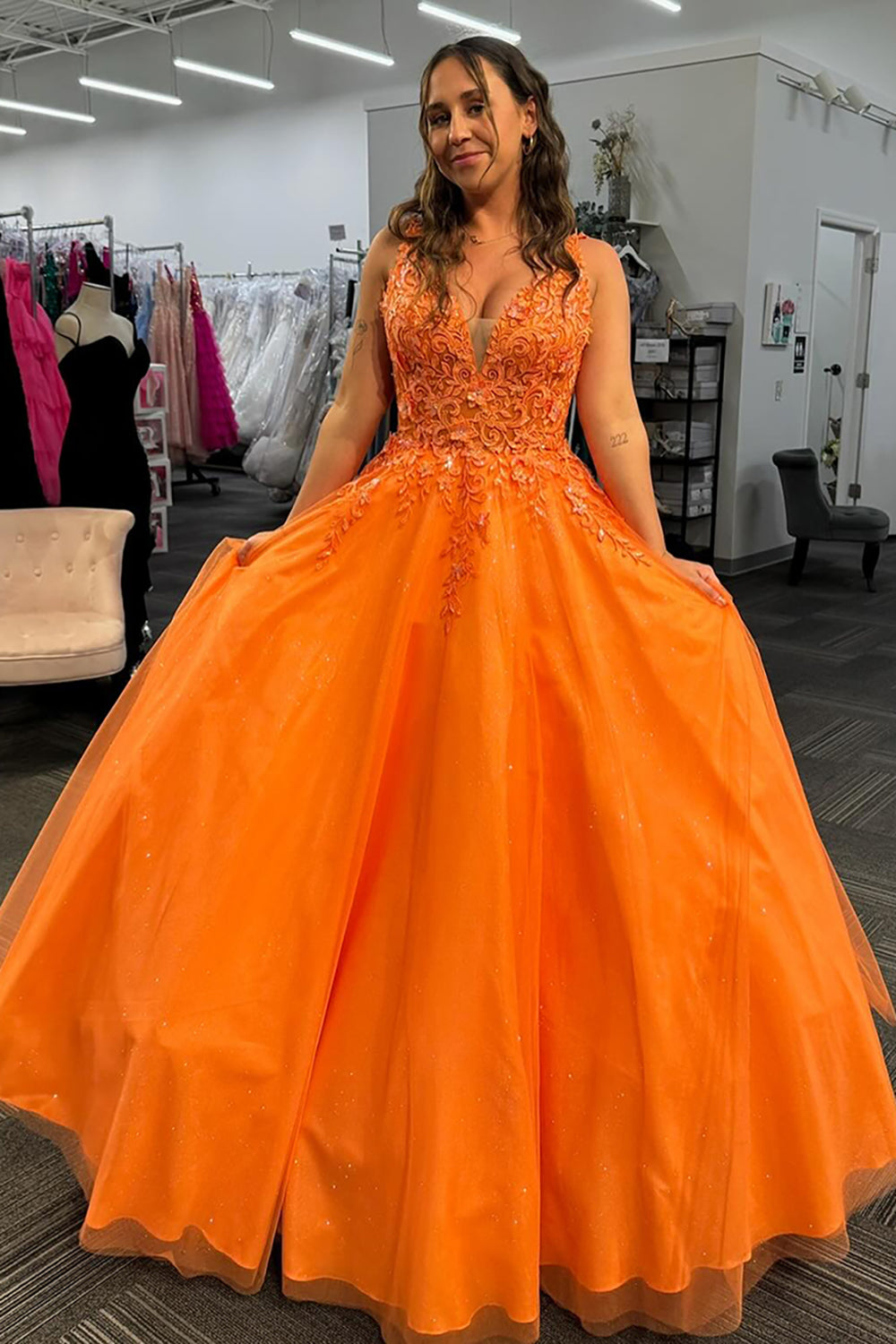 Long Orange Prom Dress with Appliques 鈥?Deep V-Neck Tulle Princess Style