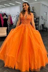 Long Orange Prom Dress with Appliques 鈥?Deep V-Neck Tulle Princess Style