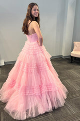 Princess One-Shoulder Long Prom Dress in Light Pink Tiered Tulle
