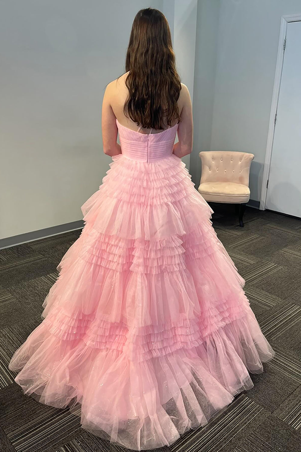 Princess One-Shoulder Long Prom Dress in Light Pink Tiered Tulle