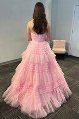 Princess One-Shoulder Long Prom Dress in Light Pink Tiered Tulle