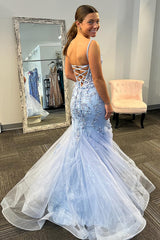Long Corset Prom Dress in Light Blue with Mermaid Silhouette and Spaghetti Straps Featuring Appliques