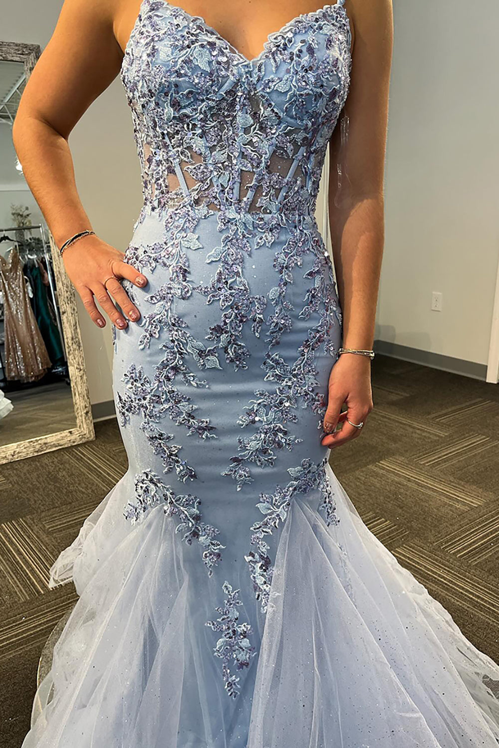 Long Corset Prom Dress in Light Blue with Mermaid Silhouette and Spaghetti Straps Featuring Appliques