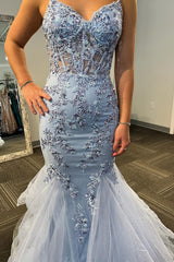 Long Corset Prom Dress in Light Blue with Mermaid Silhouette and Spaghetti Straps Featuring Appliques