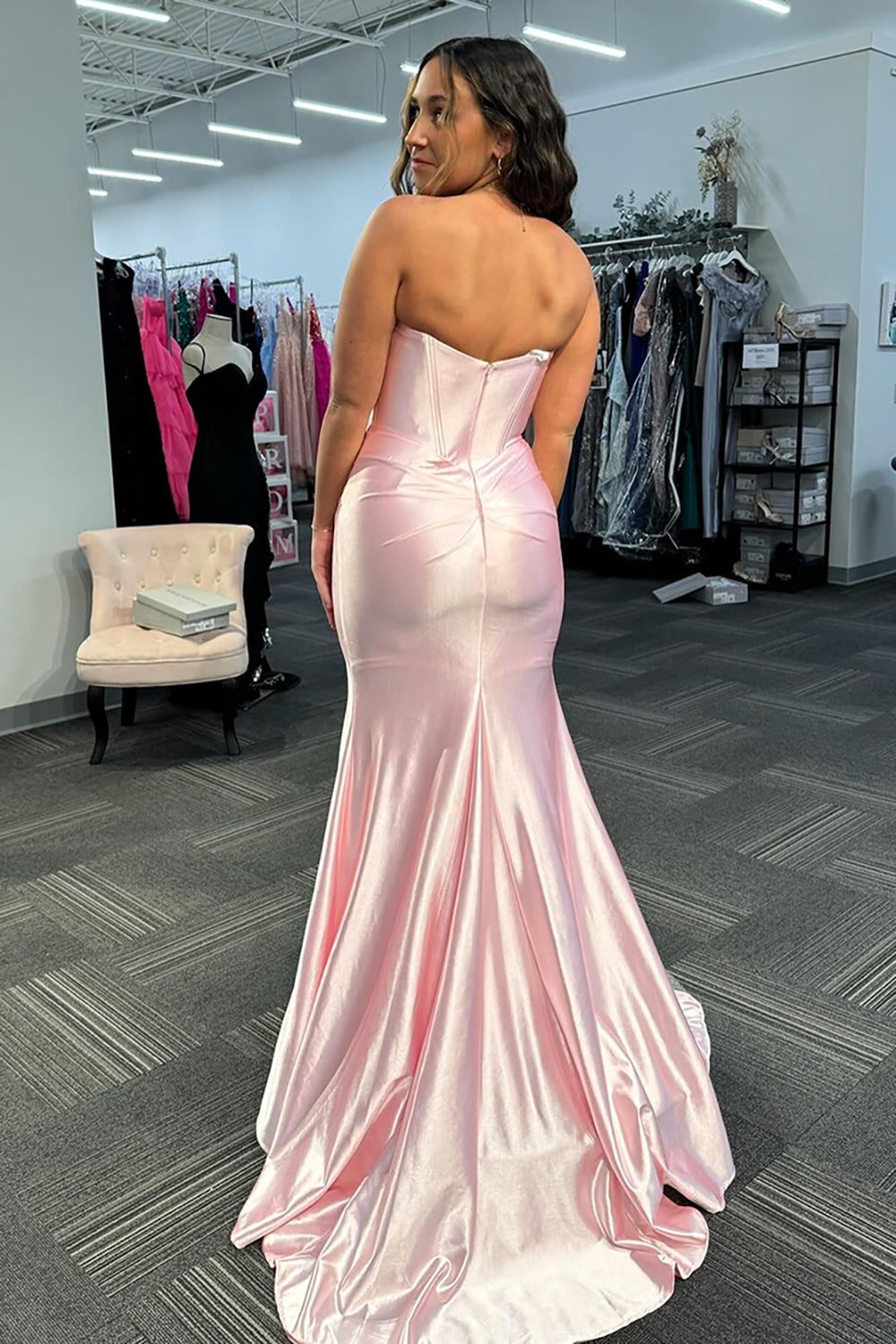 Sweetheart Long Corset Prom Dress in Light Pink Satin with Mermaid Cut and Slit