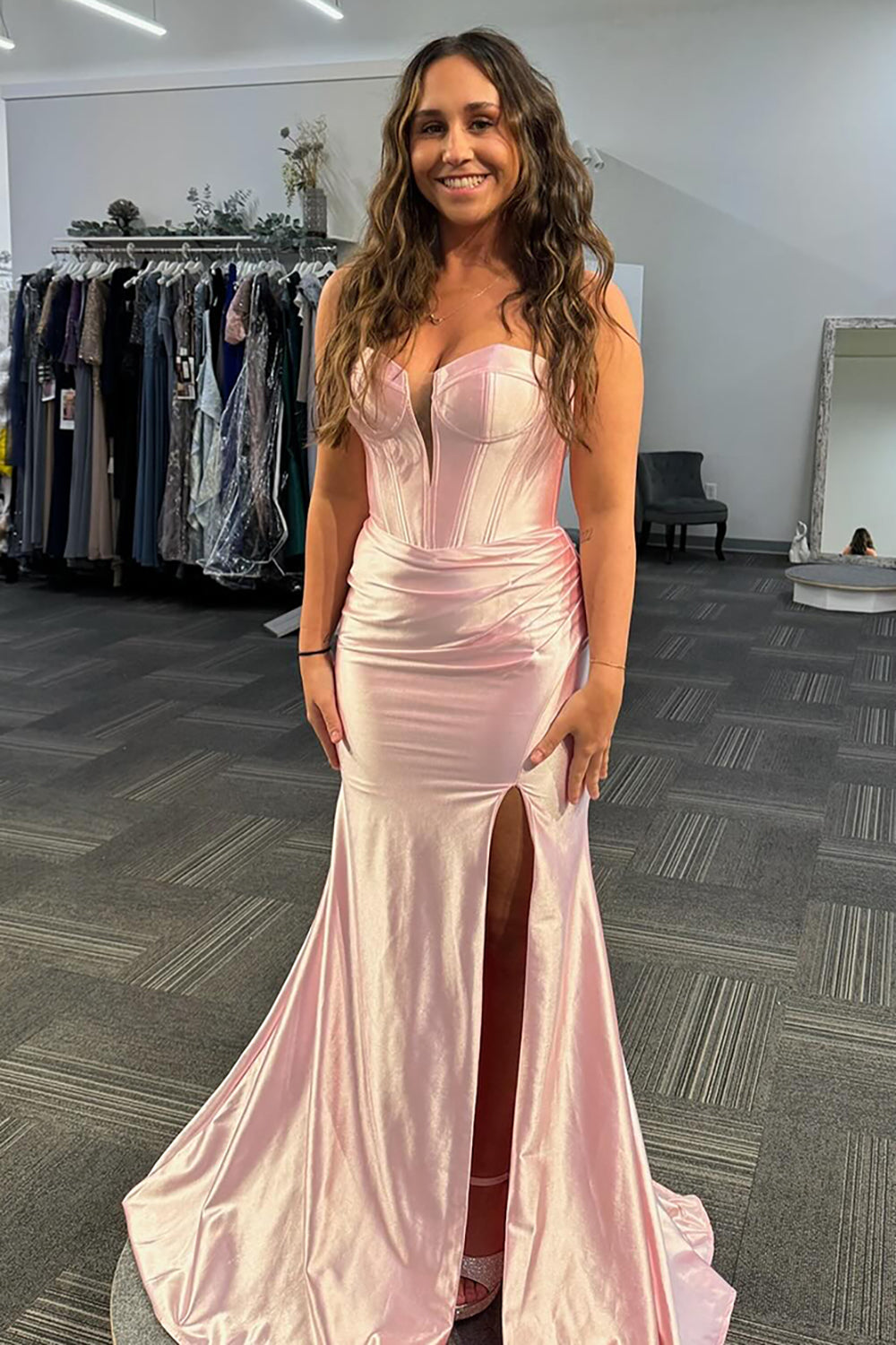 Sweetheart Long Corset Prom Dress in Light Pink Satin with Mermaid Cut and Slit