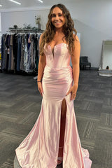 Sweetheart Long Corset Prom Dress in Light Pink Satin with Mermaid Cut and Slit