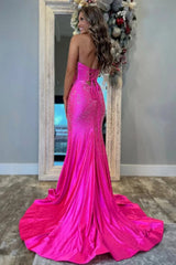 Long Strapless Prom Dress in Fuchsia with Sparkly Beads Cut-out Detail and Slit