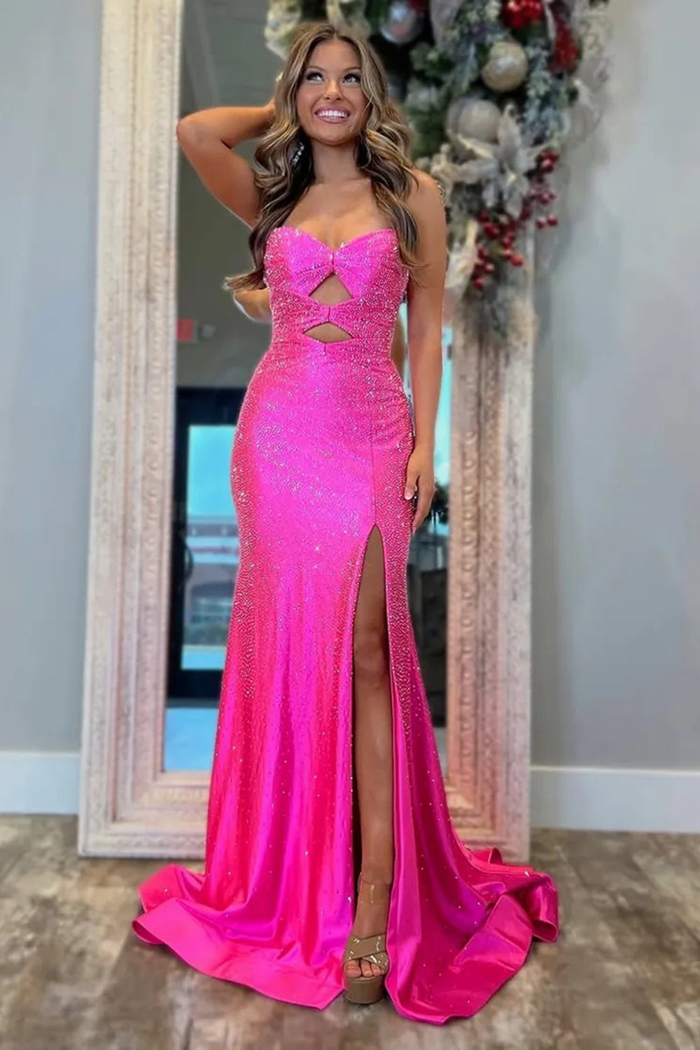 Sweetheart Mermaid Prom Dress with Yellow Glitter and Beaded Cut-out Details