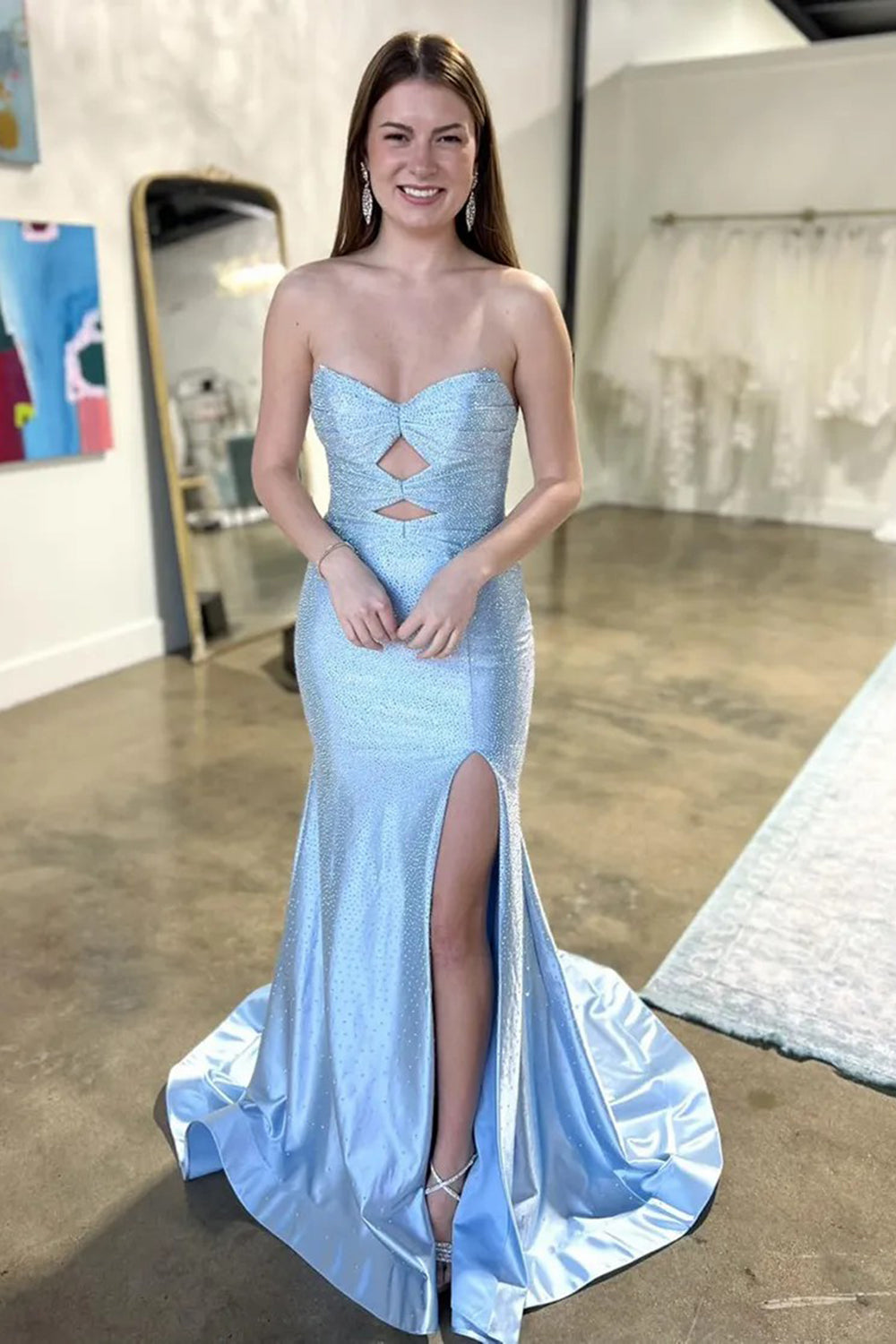 Long Beaded Prom Dress in Lilac with Sweetheart Neckline and Mermaid Cut-out Glitter Design