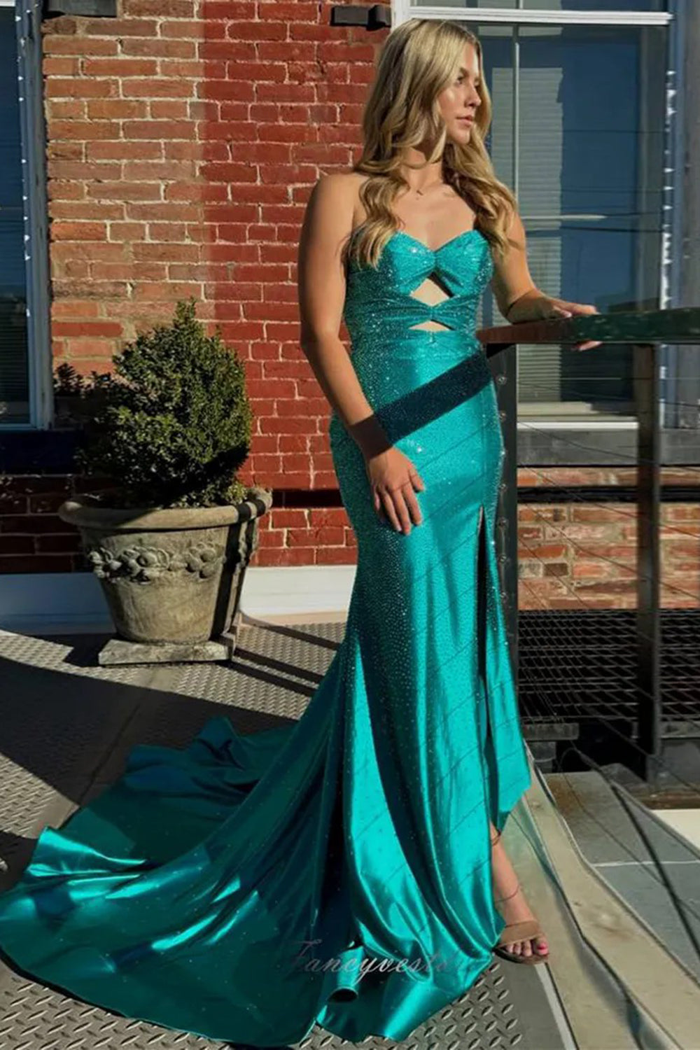 Sweetheart Mermaid Prom Dress with Yellow Glitter and Beaded Cut-out Details