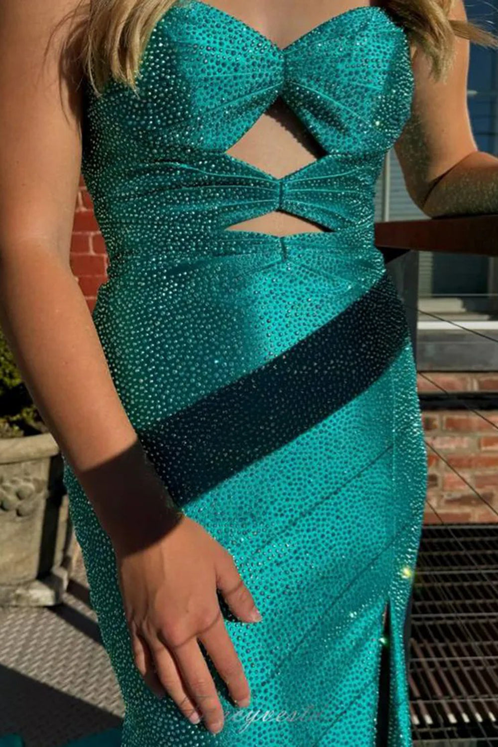 Long Strapless Prom Dress in Fuchsia with Sparkly Beads Cut-out Detail and Slit
