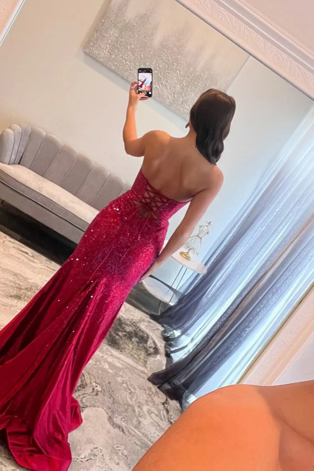Long Beaded Prom Dress in Sparkly Grey Blue with Starpless Cut-out Design