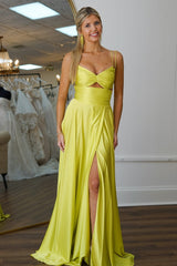 Long A-Line Satin Prom Dress with Yellow Spaghetti Straps and Slit