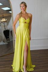 Long A-Line Satin Prom Dress with Yellow Spaghetti Straps and Slit