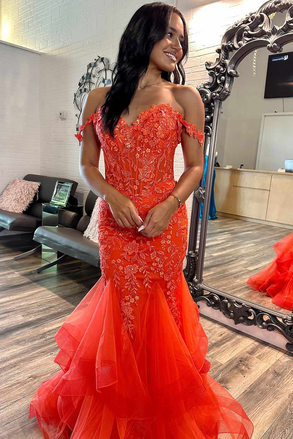 Long Tiered Mermaid Prom Dress in Orange with Off-Shoulder Corset and Appliques