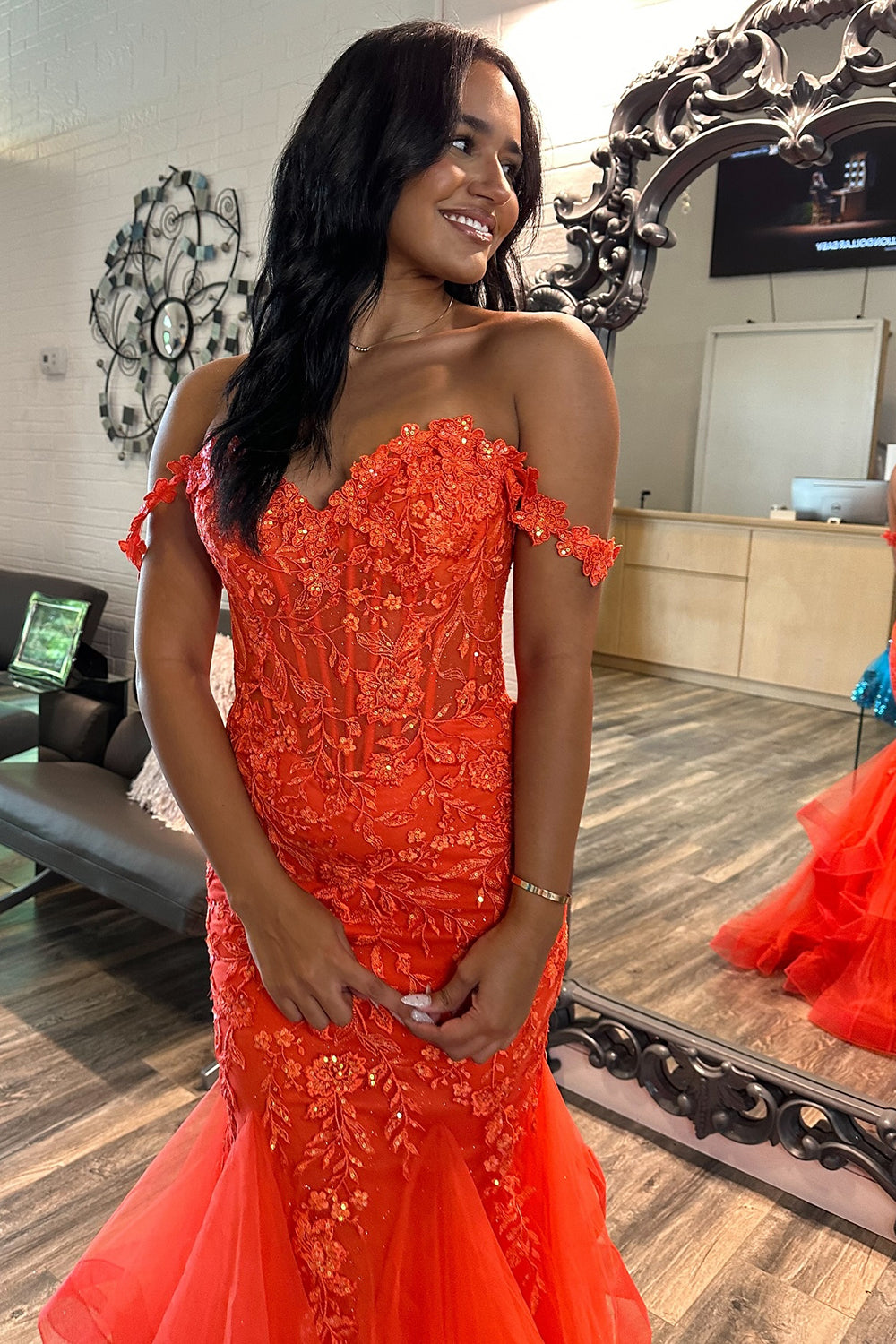 Long Tiered Mermaid Prom Dress in Orange with Off-Shoulder Corset and Appliques