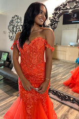 Long Tiered Mermaid Prom Dress in Orange with Off-Shoulder Corset and Appliques