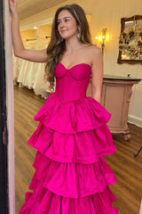 Long Satin Corset Prom Dress in Fuchsia with Sweetheart A-Line Tiered Design