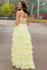 Long A-Line Chiffon Prom Dress with Yellow Spaghetti Straps and Tiered Appliques