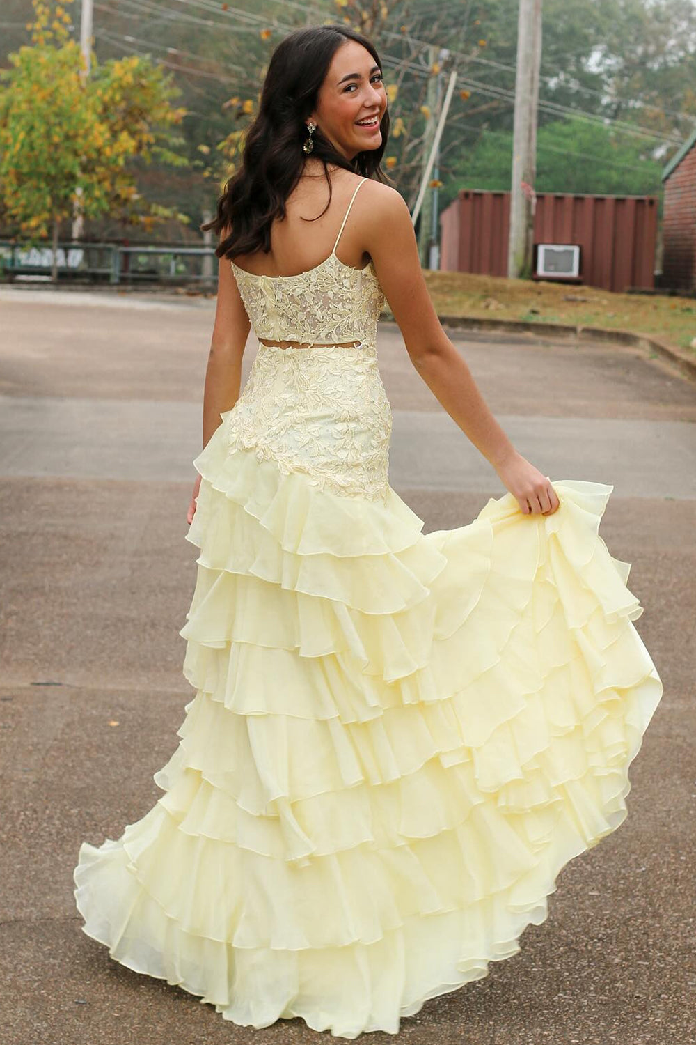 Long A-Line Chiffon Prom Dress with Yellow Spaghetti Straps and Tiered Appliques
