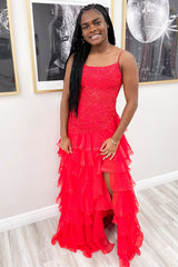 Long Chiffon Prom Dress with Sparkly Red Spaghetti Straps Tiered Layers and Appliques