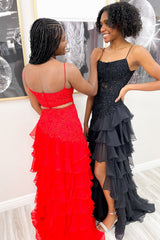 Long Chiffon Prom Dress with Sparkly Red Spaghetti Straps Tiered Layers and Appliques