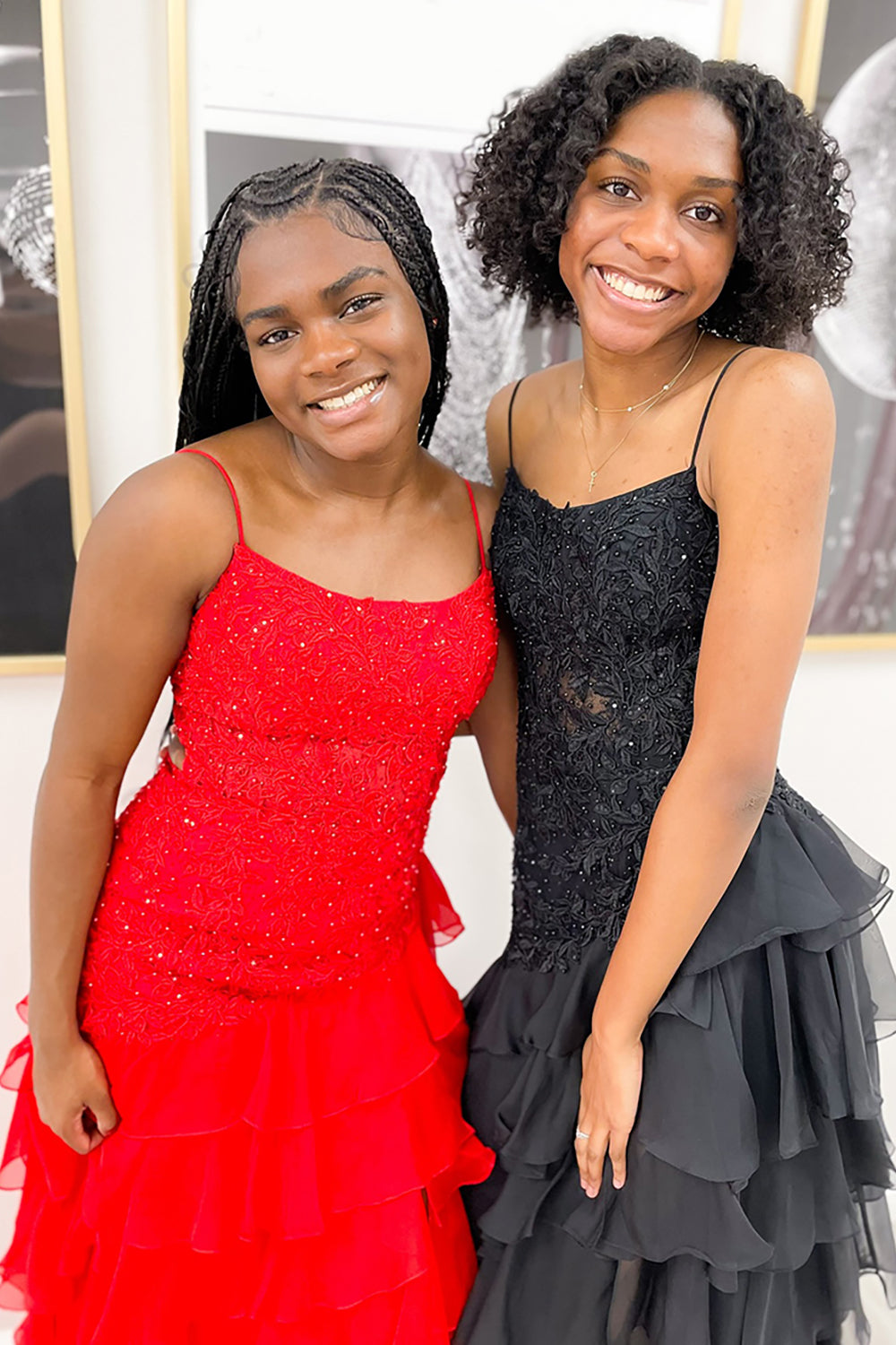 Long A-Line Chiffon Prom Dress with Yellow Spaghetti Straps and Tiered Appliques