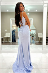 Lilac Glitter Mermaid Prom Dress with Beaded Spaghetti Straps Cut-out Design and Long Slit