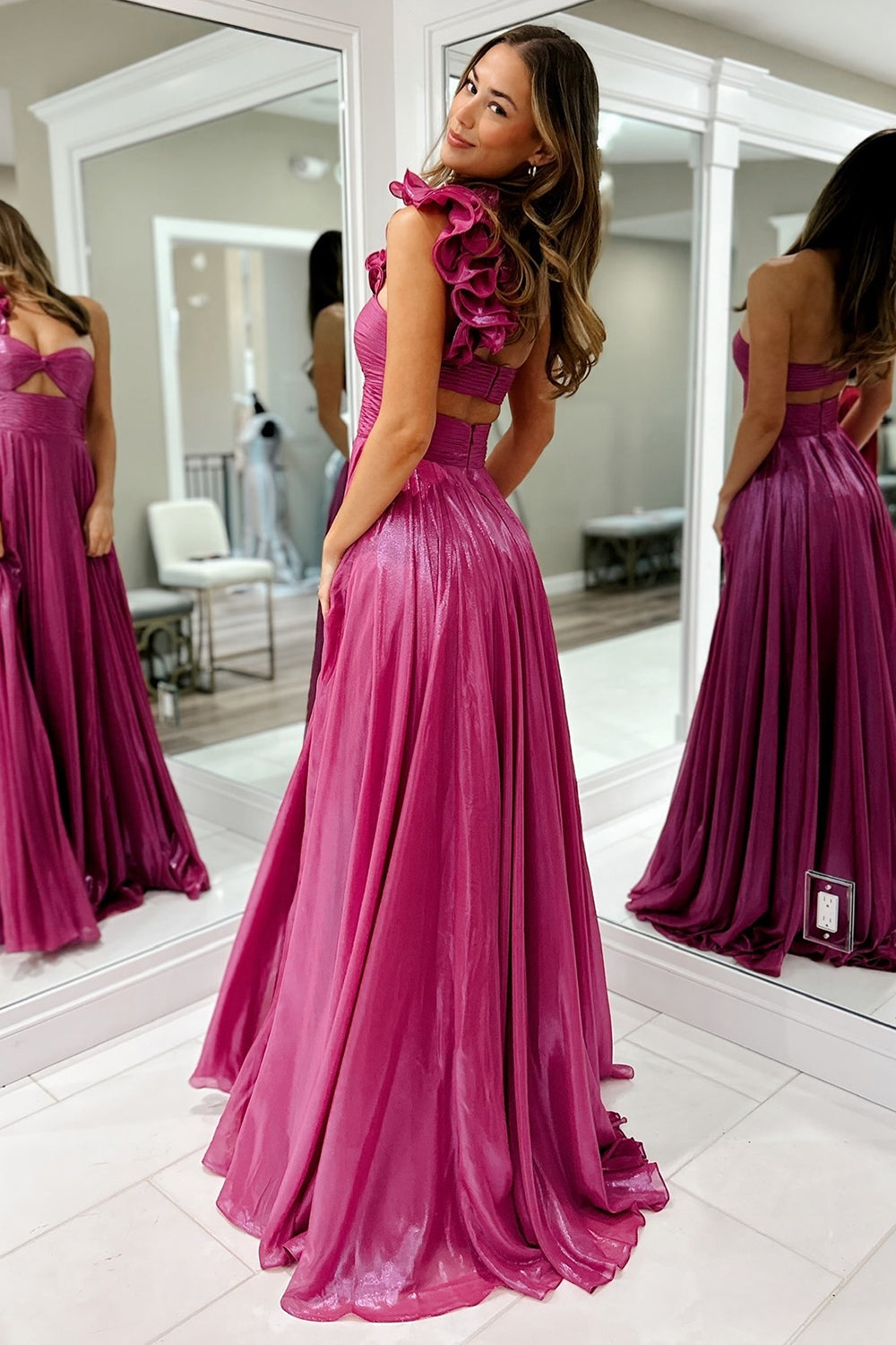 Metallic Fuchsia Long Prom Dress with One Shoulder and A-Line Slit